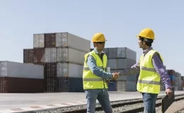 Deux hommes habillés de leur EPI se serrent la main sur leur lieu de travail. 